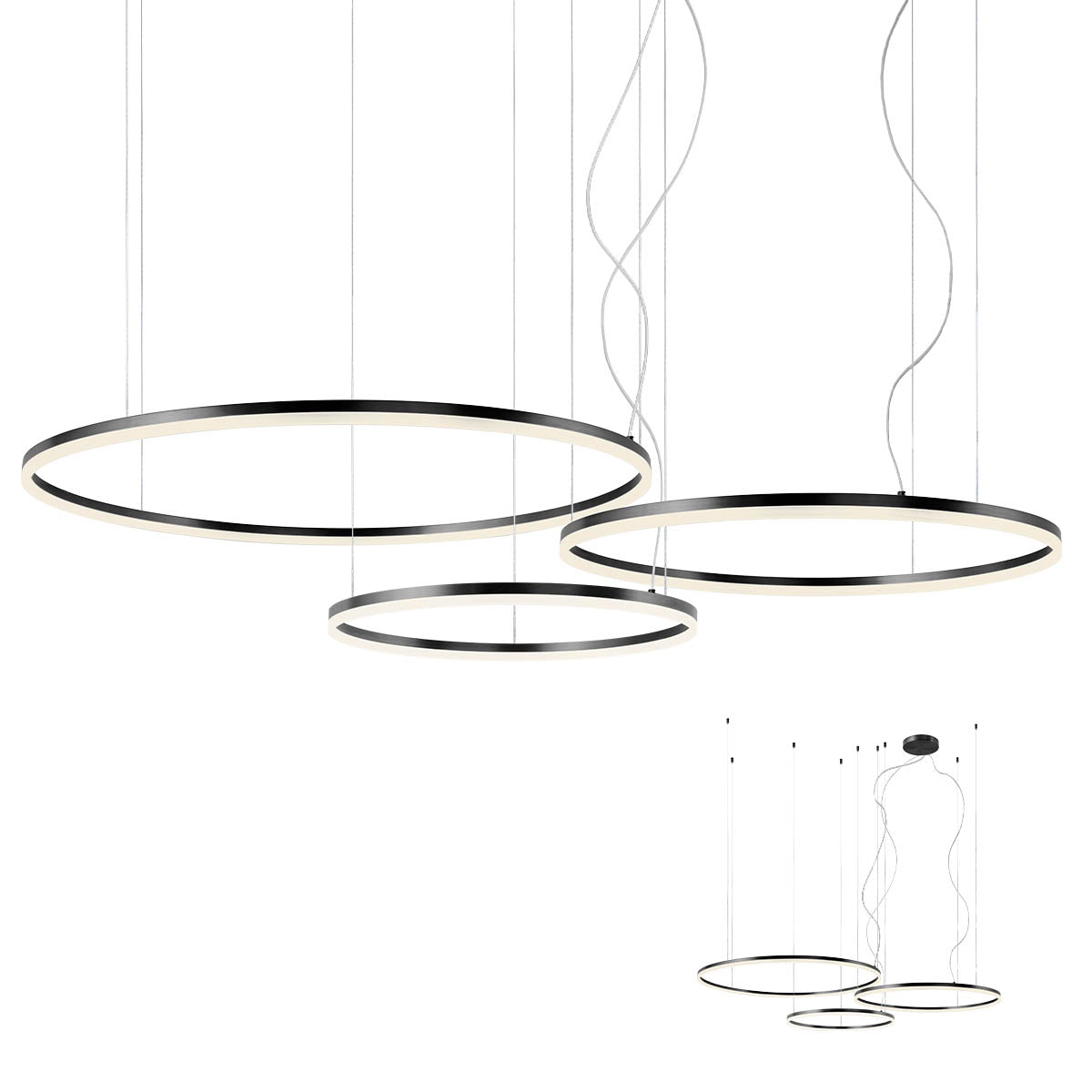 Orbit Pendant lamp Orbit Suspended Triple Unaligned Nero Opaco 3000K Dimmerabile Triac